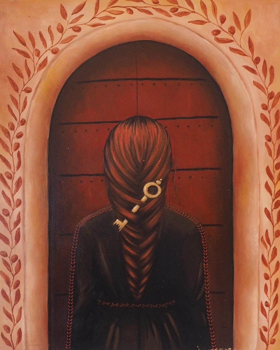 drzwi, ornament, klucz, symbolizm, symbole, obraz kobiety stojącej tyłem